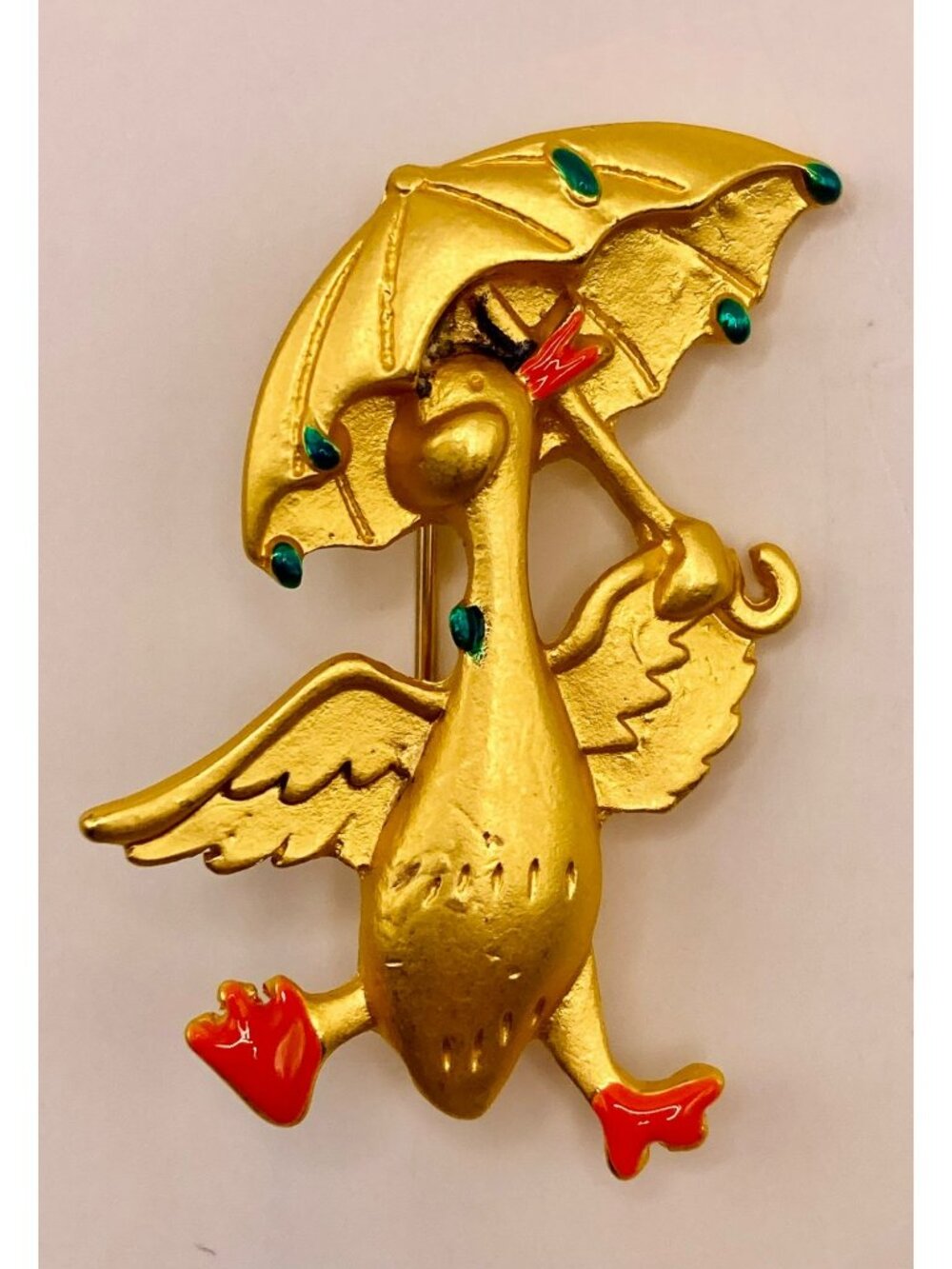 Gold-Tone Duck Pin Brooch Umbrella & Enamel Accents Whimsical Design -11B